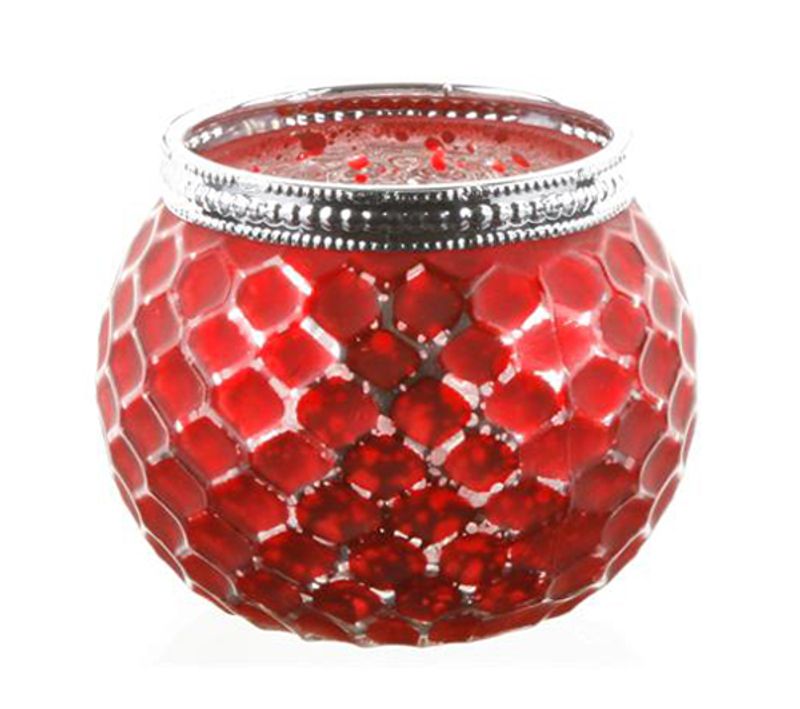 Telysholder, i rødt glass med sølvbånd, fra Børscompagniet.