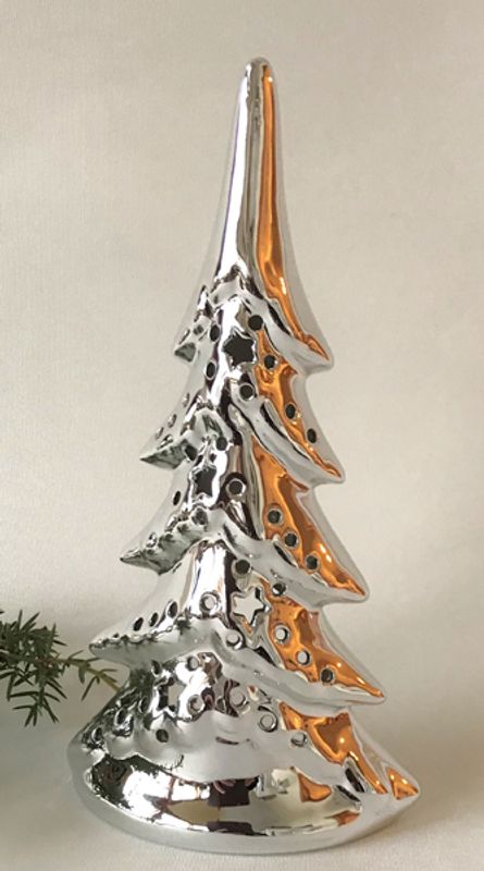 Juletre i sølv/keramikk, lite, for Led telys.