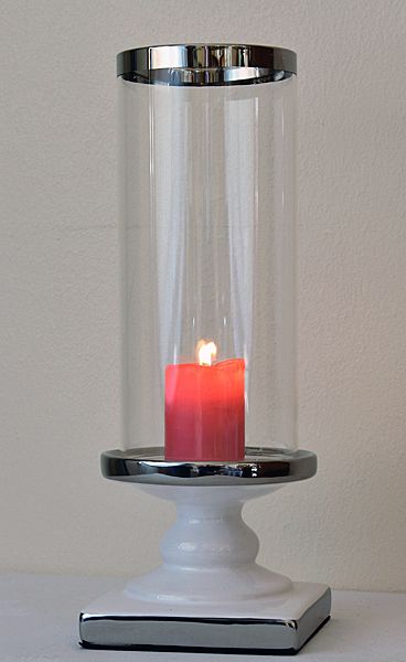 Stormlykt i Hvit/S&oslash;lv Collection fra Borg, med glass, liten.