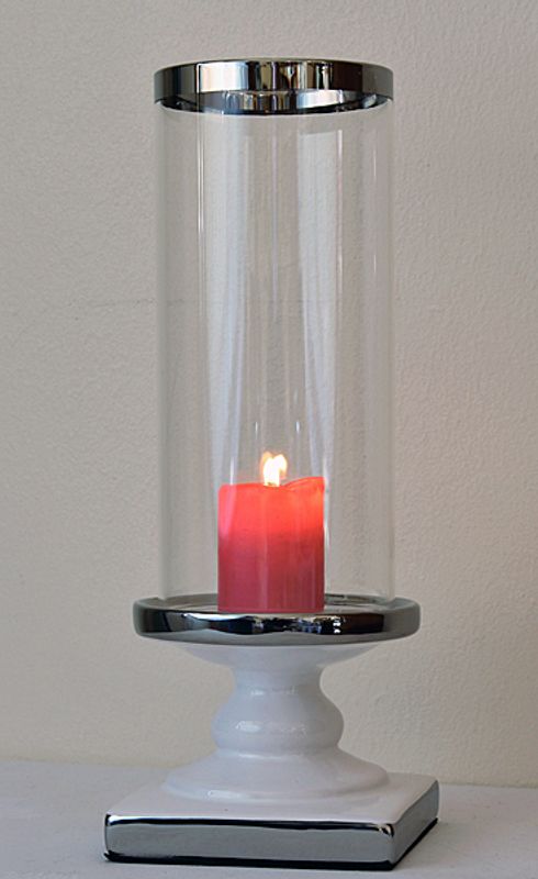 Stormlykt i Hvit/Sølv Collection fra Borg, med glass, liten.